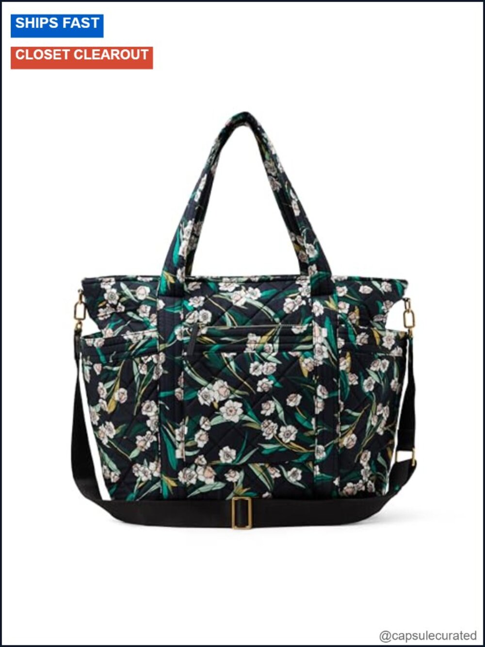 Quilted Cotton Travel Tote Bag with Padded Handles and Detachable Strap